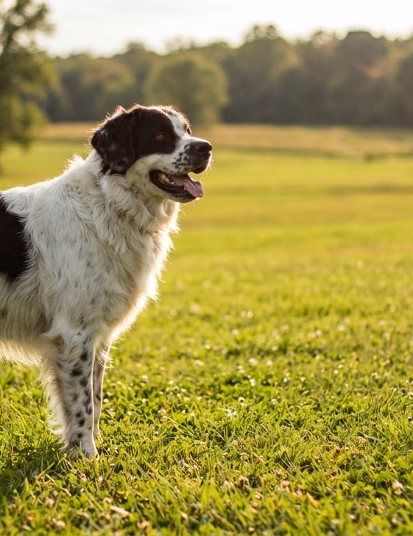 Rolo, el perro guardián de La Patagua, en el pasto del recinto